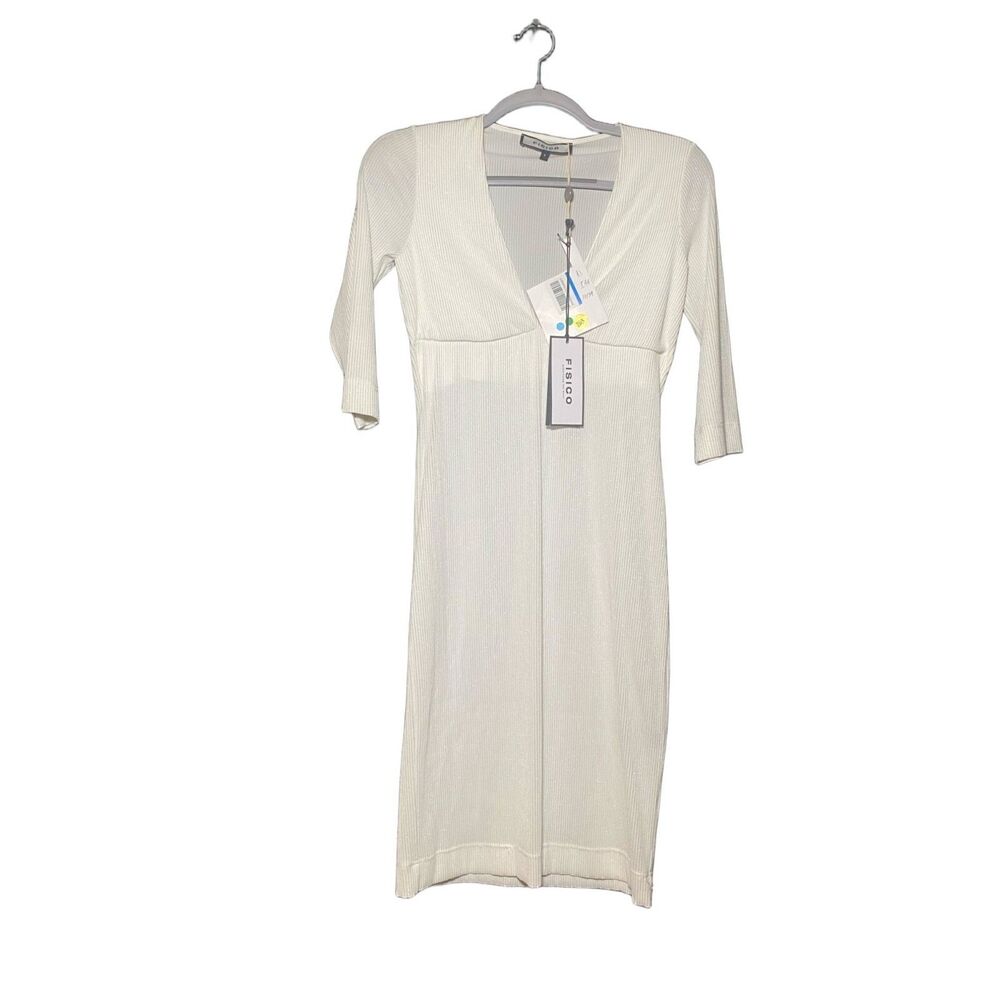 Fisico Women's White Ribbed Deep V-Neck Stretch Bodycon Dress Size S NWT